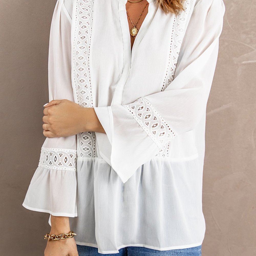 White Lace Ruffed Long Sleeve Blouse - Picture 5 of 6
